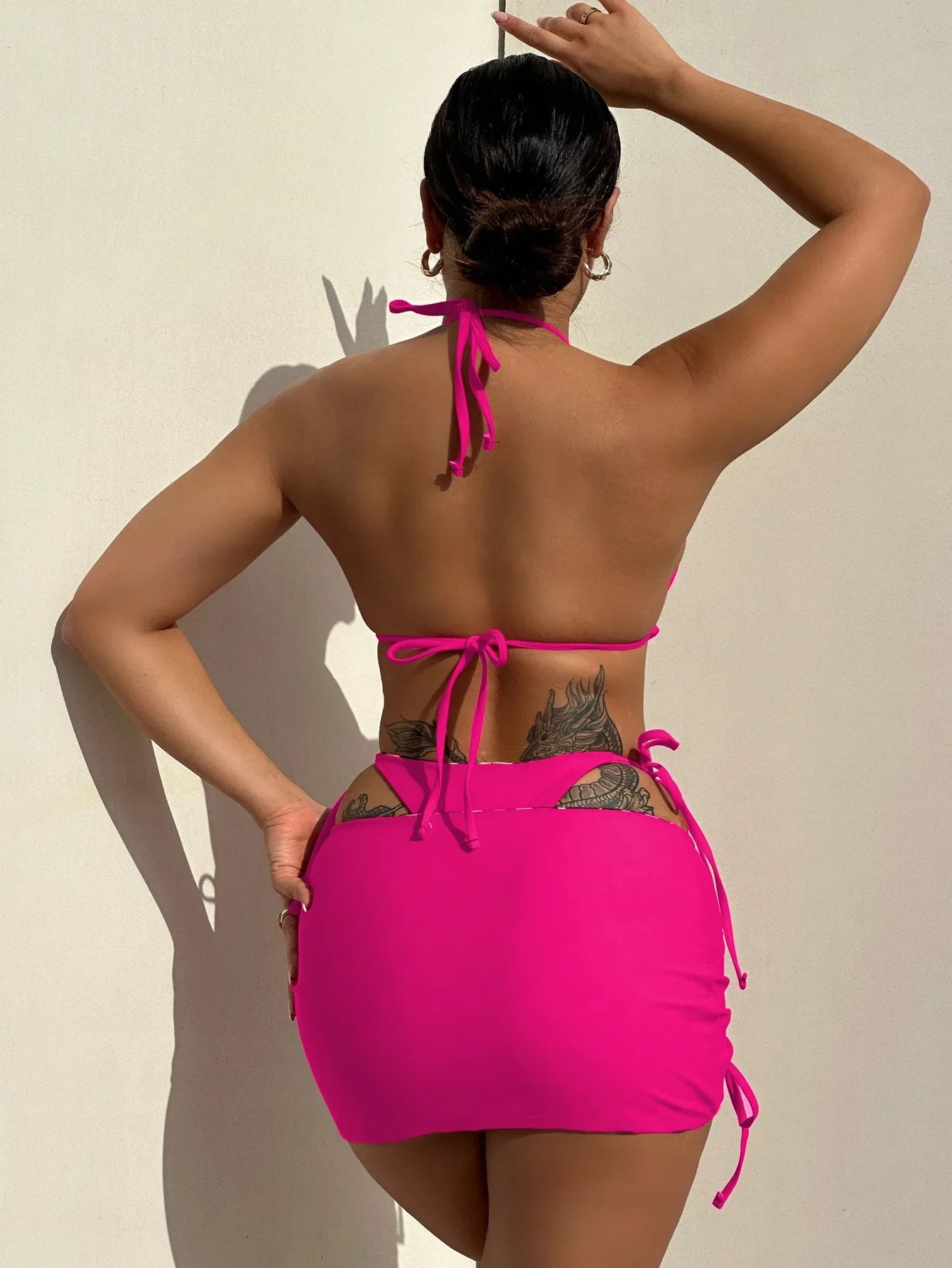 2026 Summer Leopard Print 3 Pieces Suit Swimwear Reversible Sexy Halter Lace-up Bikini Set Drawstring Skirt Cover Up Beachwear