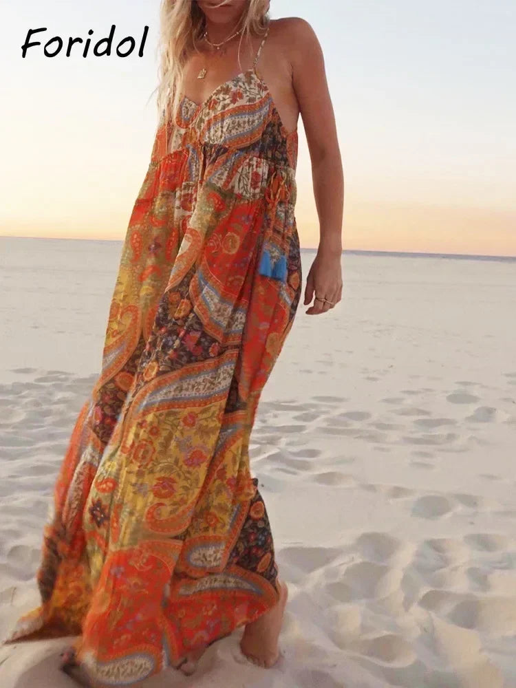 Paisley Print Bohemian Wide Leg Long Pants Jumpsuit Women Summer New Overalls Spaghetti Strap Loose Casual Boho Jumpsuit Tassel