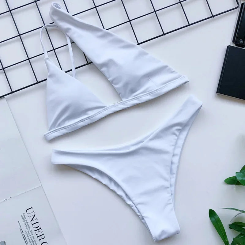 2026 Asymmetric One Shoulder Bikini Women Swimsuit Female Swimwear Two Pieces Bikini Set Hollow Out Bathing Suit Swim Beachwear