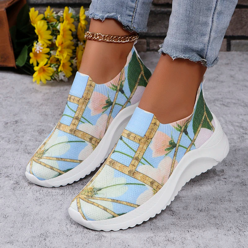 Lightweight Printed Slip On Flats Shoes Women Comfort Breathable Mesh Platform Sneakers Woman Plus Size Knitted Walking Shoes