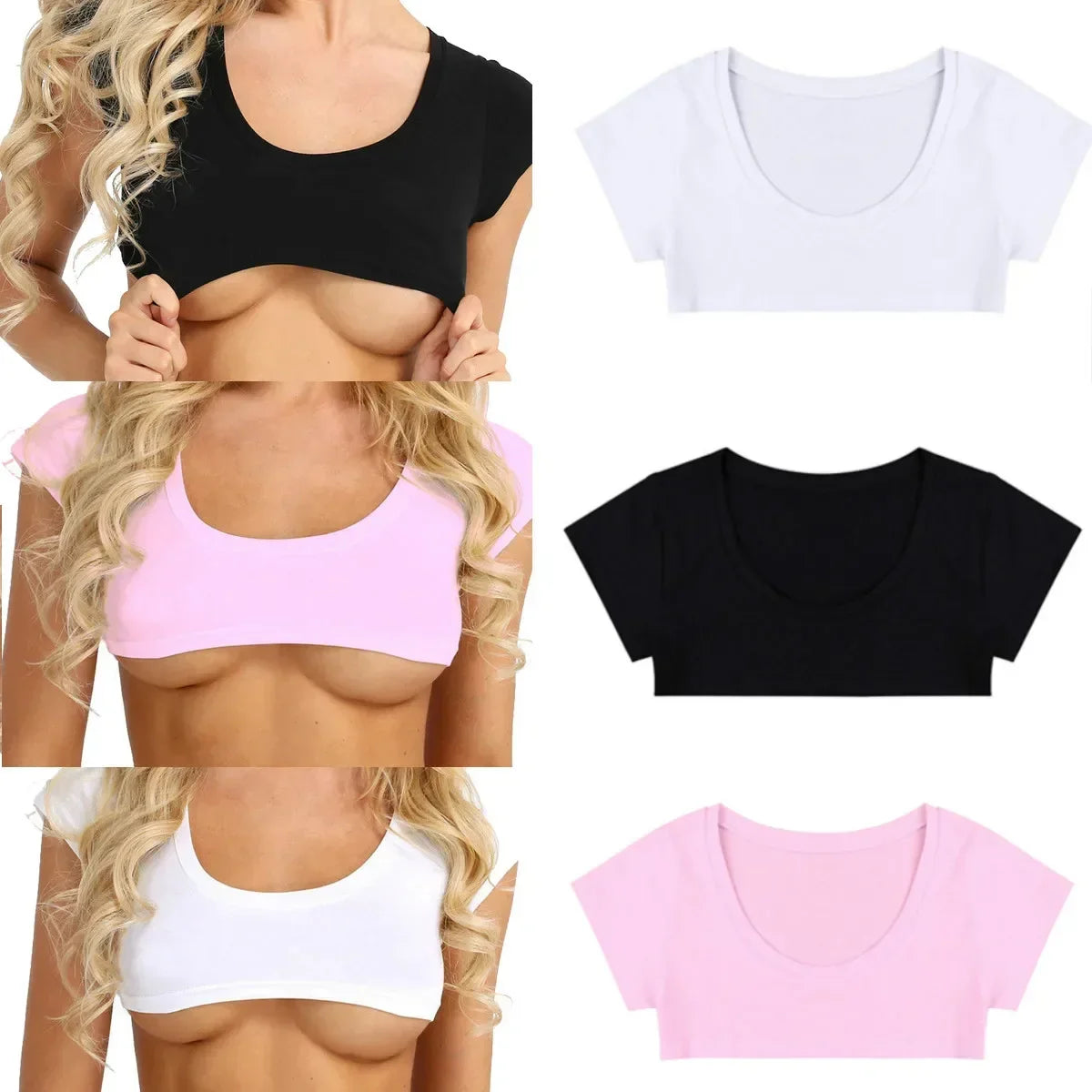 2026 Summer Sexy T-shirts Women Solid Color Short Sleeve Crop Tops Shirts Party Club Casual Tee Tops Black White Pink
