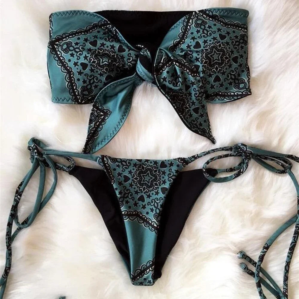 Sexy Printed Bow Knotted Bandeau Bikini 2026 Women Swimsuit Female Swimwear Two Pieces Bikini Set Tie Push Up Bathing Suit Swim