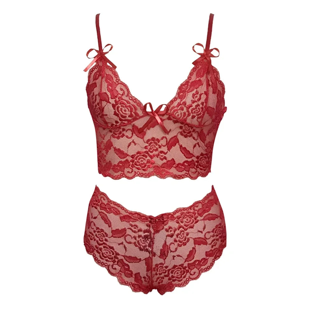 2026 New Floral Thin Lace Lingerie Set Women Triangle Cup Bralette Adjustable Strap Printed Intimate Underwear Suit