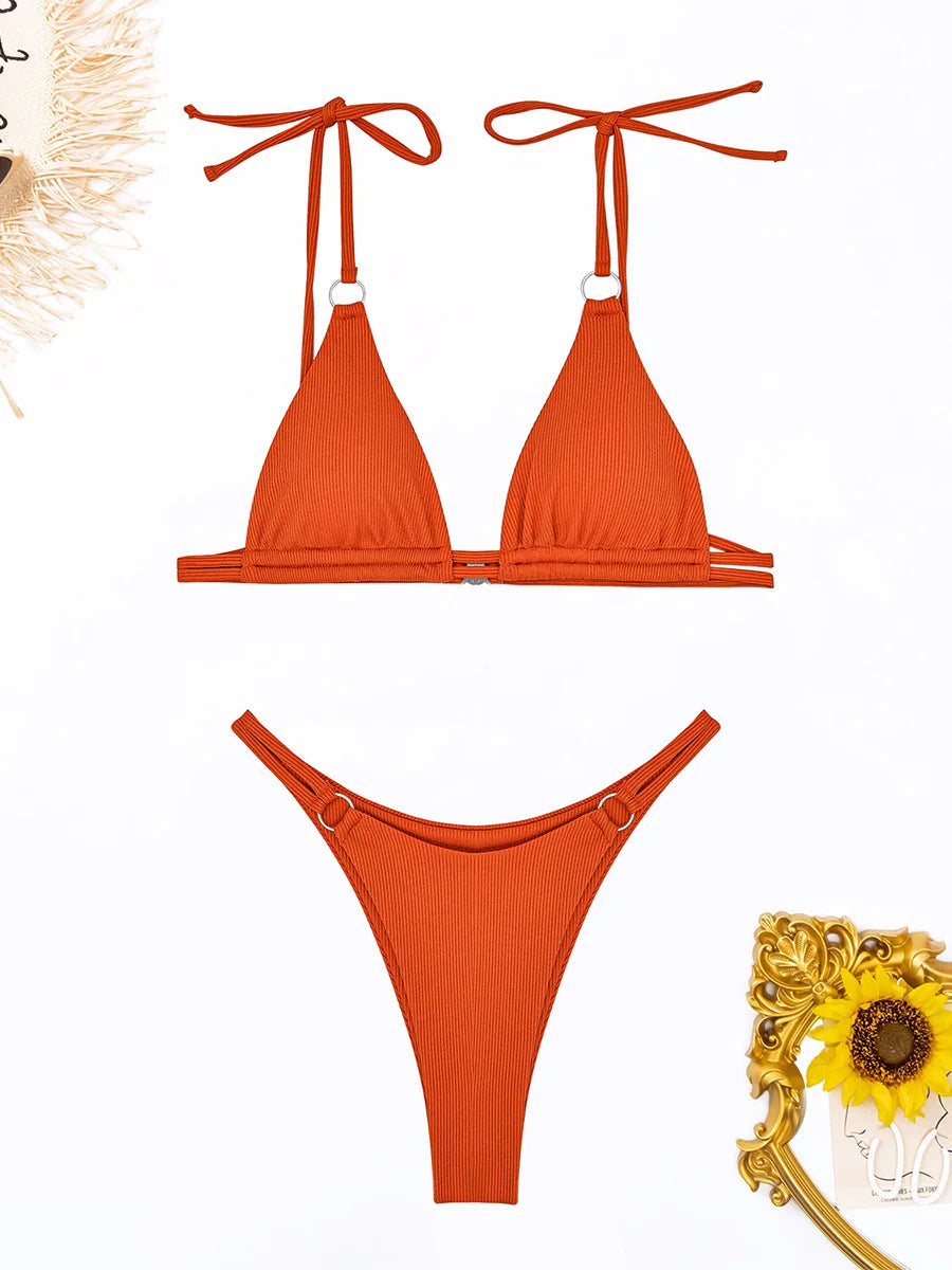 Ring Link Bikini 2025 Solid Sexy Swimsuit Women Padded Swimwear Female Bathers Bathing Swimming Swim Suit Beachwear