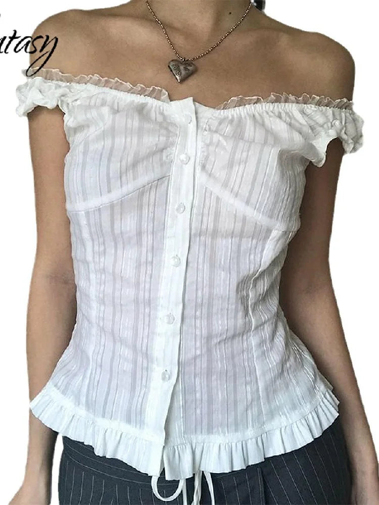 Phantasy Y2K Women Tops White Lace T-Shirt Button Tees Vintage French Style Tops 2025 Spring Summer Tops Female Streetwear