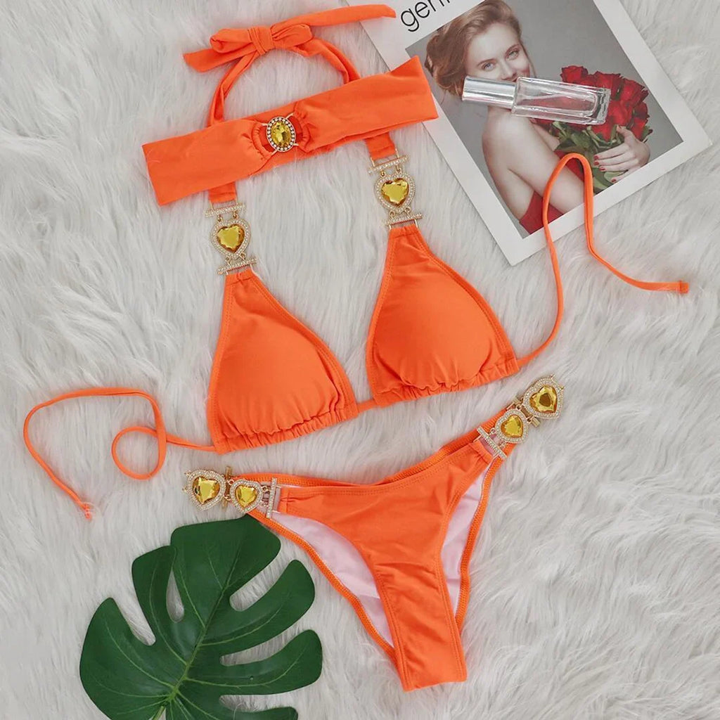 Diamond Rhinestone Bikini  Female Swimsuit Women Swimwear Two-Pieces Bikini Set With Hairbands Bather Bathing Suit Swim V3047G