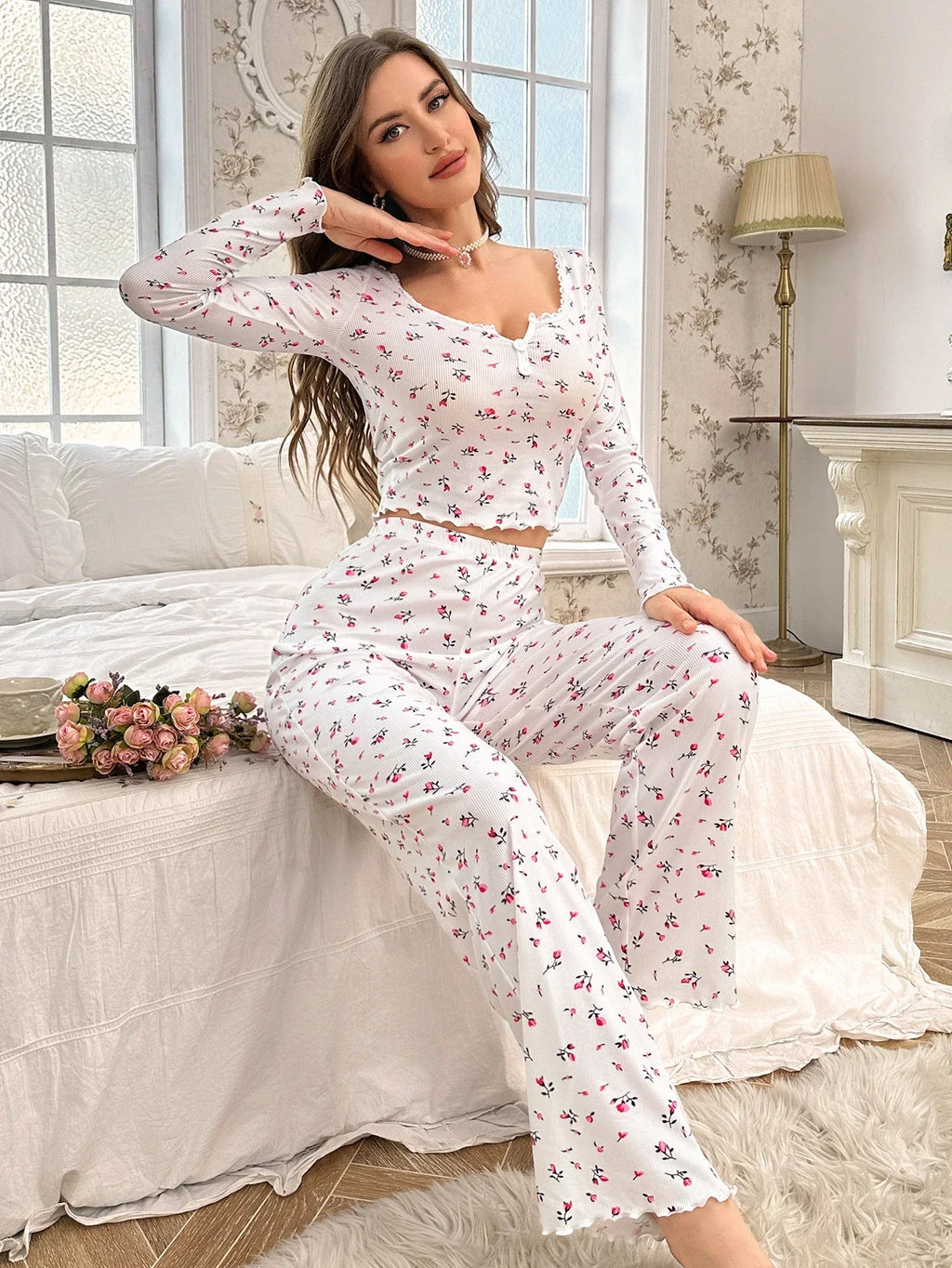 Spring Summer Sleepwear Women's Pajamas Floral Print Lettuce Trim Pajamas Set Tops and Long Trousers Loungewear Nightwear