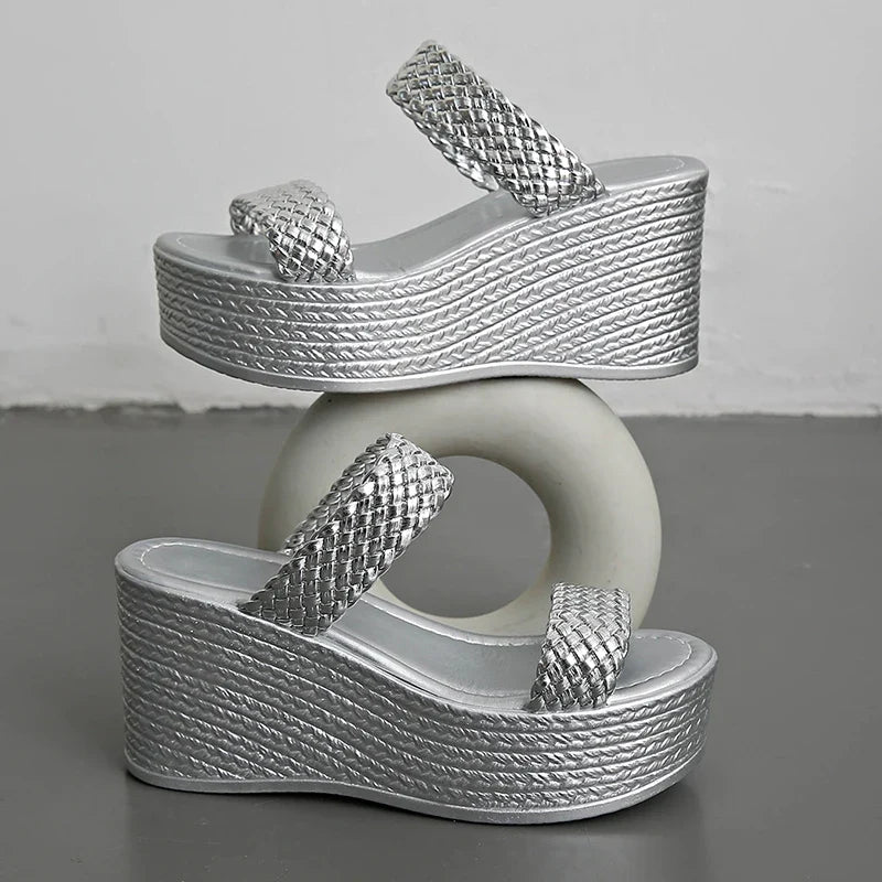 Silver Chunky Platform Slippers for Women 2026 Summer Thick Bottom Wedges Sandals Woman Plus Size 45 Woven Beach Sandles Female