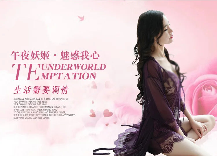 TJ large size see-through suspender sexy temptation lace nightgown temptation mesh pajamas