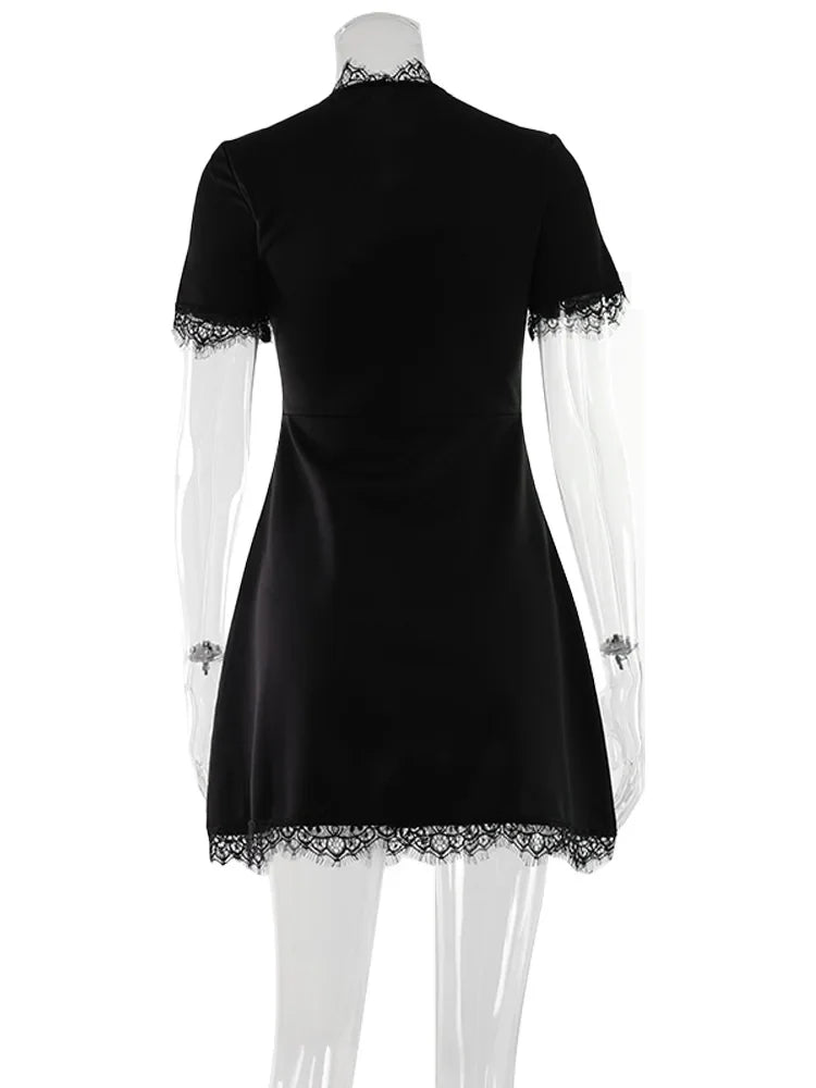 Ahagaga Sexy Women's Mini Dresses Patchwork Short Sleeves Lace Hollow Out Slim Fit Trend Baisc Turtleneck Streetwear Female Robe
