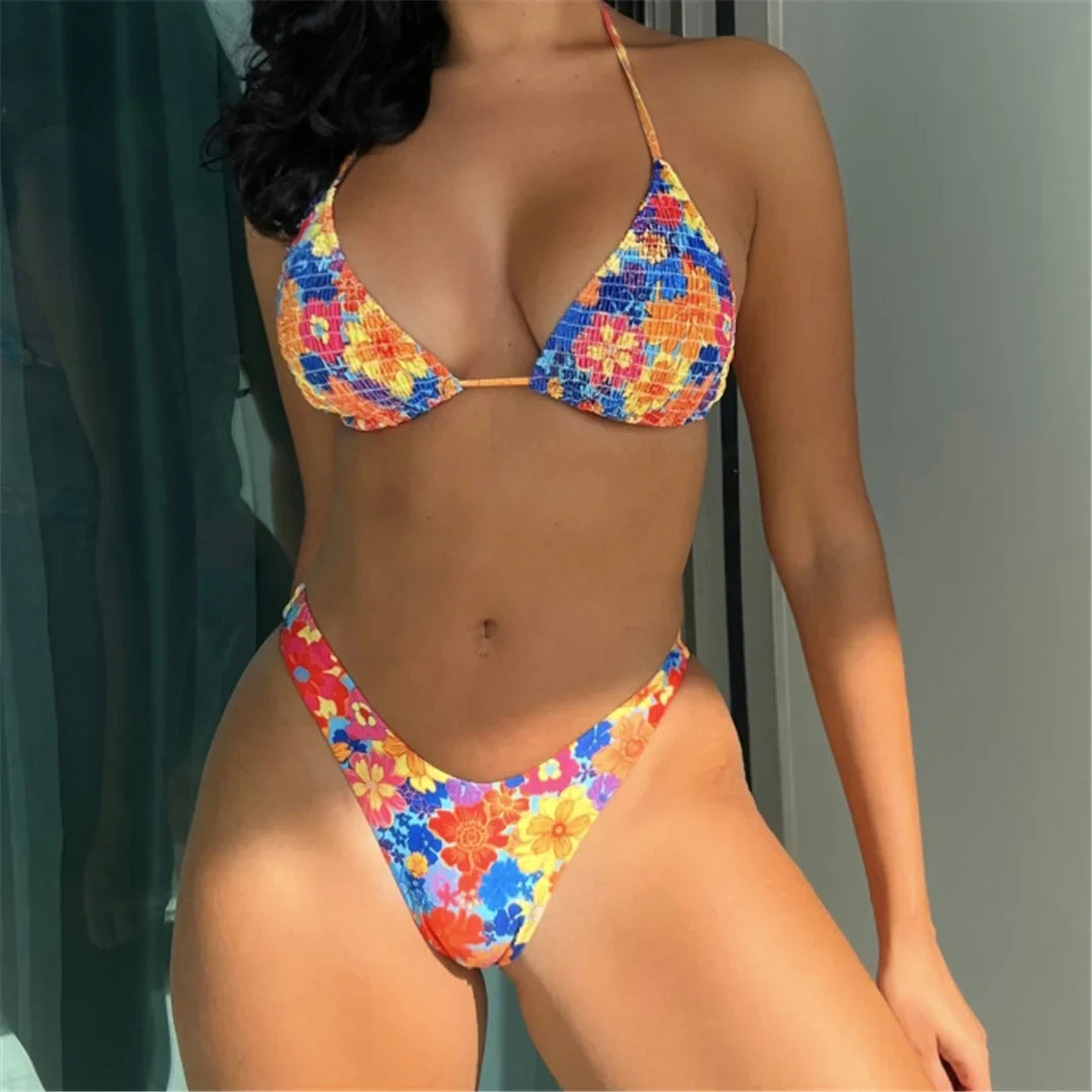 Sexy Floral Printed Halter Brazilian Bikini Female Swimsuit Women Swimwear Two-pieces Bikini set Bather Bathing Suit Swim V4667