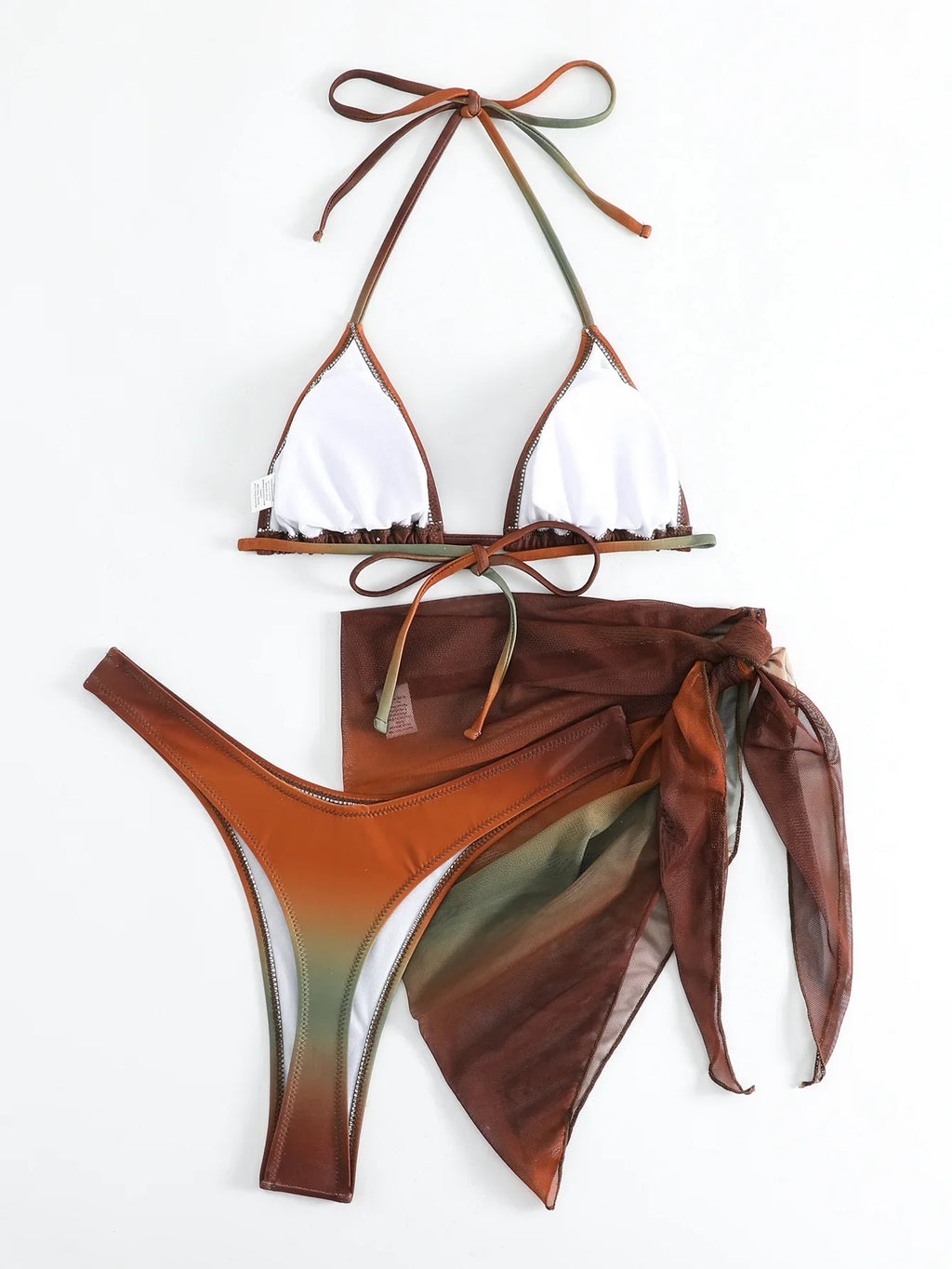 sexy tie dye print halter bikinis sets 3pcs with cover mesh skirt thong swimsuit bathing suit beach outfits biquini tankini