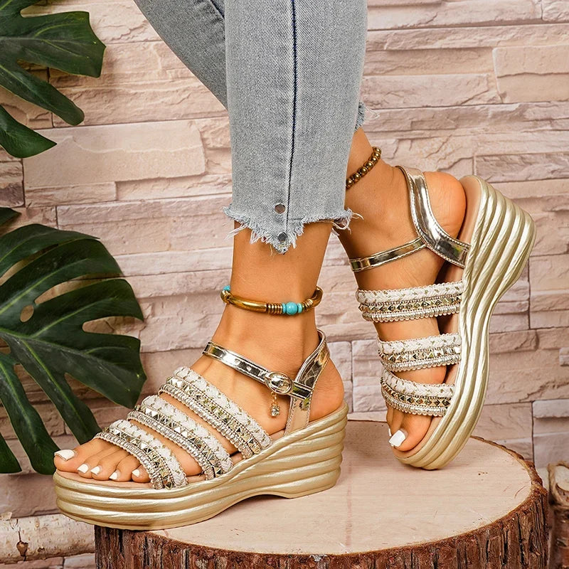 Golden Platform Gladiator Sandals for Women Summer Plus Size Height Increasing Sandals Woman Ankle Buckle Thick Sole Sandles 43