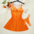 Vibrant Orange Lace Netting Sleep Skirt Set - French Deep V Straps Transparent Sexy Sleep Pantie Two-Piece Set ZA825096