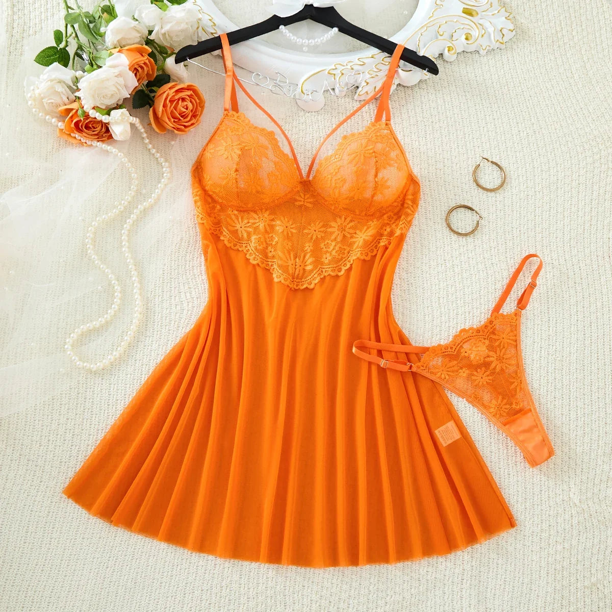 Vibrant Orange Lace Netting Sleep Skirt Set - French Deep V Straps Transparent Sexy Sleep Pantie Two-Piece Set ZA825096