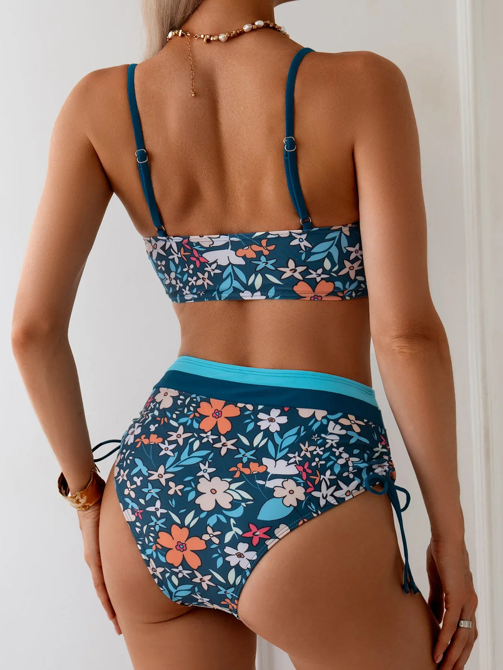 Vintage Blue Floral Print Bikini Women Hollow Out Push Up Drawstring Side High Waist Swimsuit 2026 Beach Bathing Suit Swimwear