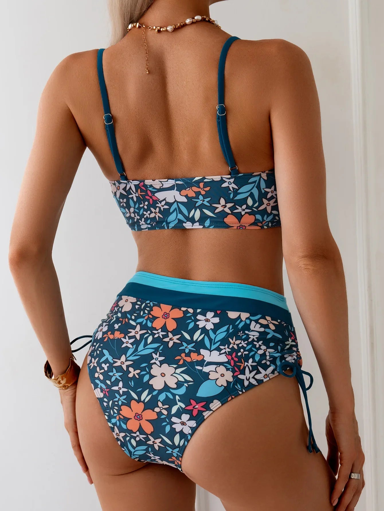 Vintage Blue Floral Print Bikini Women Hollow Out Push Up Drawstring Side High Waist Swimsuit 2026 Beach Bathing Suit Swimwear