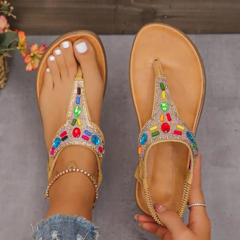 Colorful Crystal Bohemian Sandals Women Summer Anti Slip Clip Toe Beach Sandles Woman Comfy Flat Heel Gladiator Sandalias Mujer