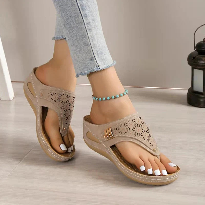 Summer Women's Wedge Sandals 2023 Clip Toe Orthopedic Arch Support Sandals Woman Pu Leather Non-Slip Soft Platform Flip Flops