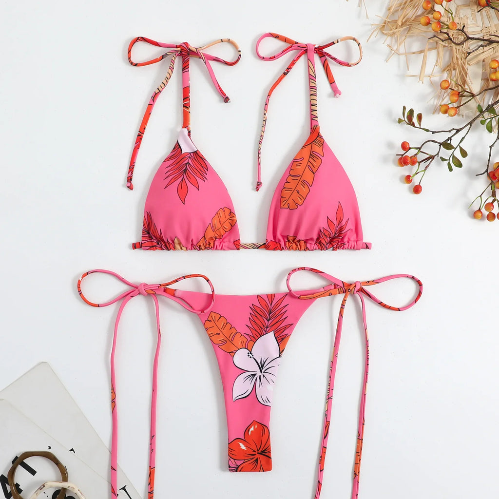 sexy floral print micro mini bikini halter string triangle swimwear thong swimsuit women biquini bikini set bathing suits