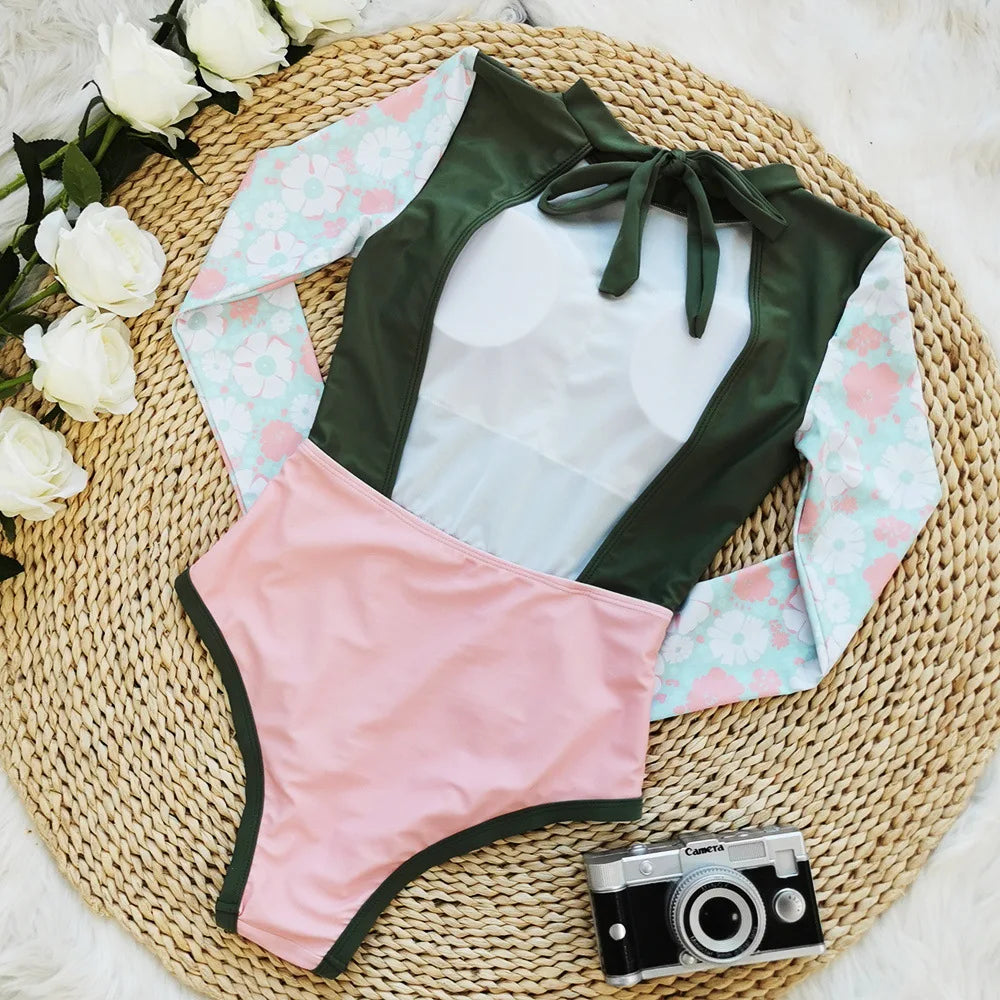 Long Sleeve Swimwear 2024 Surfing Bathing Suit Women Backless Print One Piece Swimsuit Retro Rashguard Monikini Bodysuit