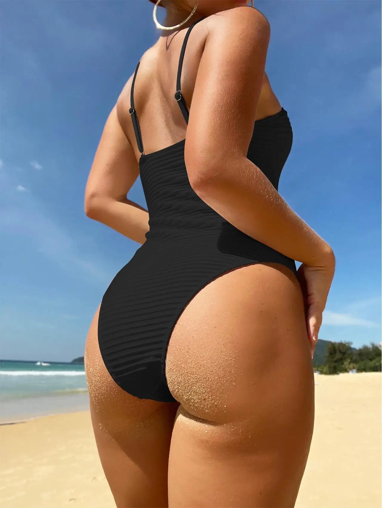 Women's Swimsuit 2026 Solid Color One Piece Bikini Rib-knit U-neck Suspender Push Up Slim Swimwear Backless Monokini KJFF093