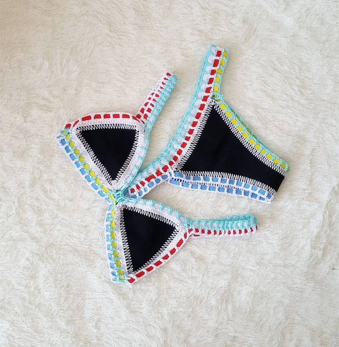 Bikini Crochet 2026 Handmade Knit Patchwork Reversible 2 Piece Swimsuit Women Halter Top Brazilian Bathing Suit Thong Swimwear