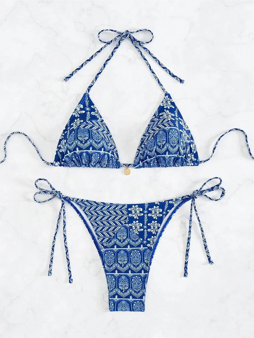 Blue Floral Print 2 Piece Micro Bikini Set for Women 2025 New Push Up Bra Thong Swimsuit Beach Bathing Suit Holiday Swimwear