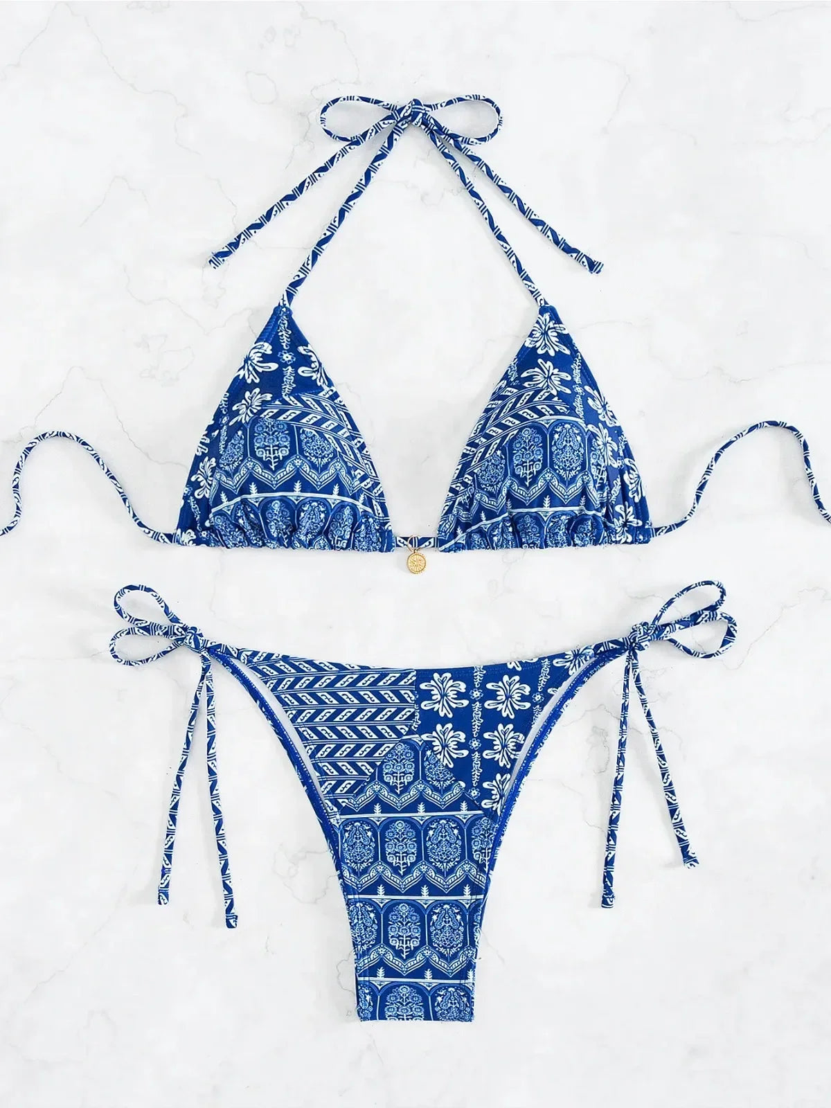 Blue Floral Print 2 Piece Micro Bikini Set for Women 2025 New Push Up Bra Thong Swimsuit Beach Bathing Suit Holiday Swimwear