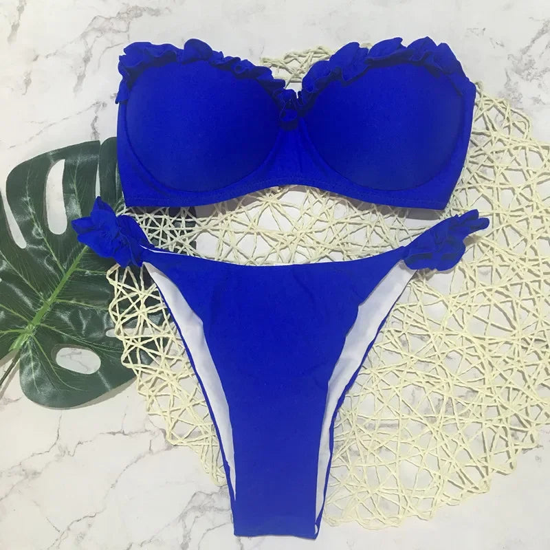Leopard Ruffled Bra Cup Bikini 2025 Women Bandeau Swimsuit Female Swimwear Two Pieces Bikini Set Push Up Bathing Suit Swim Lady