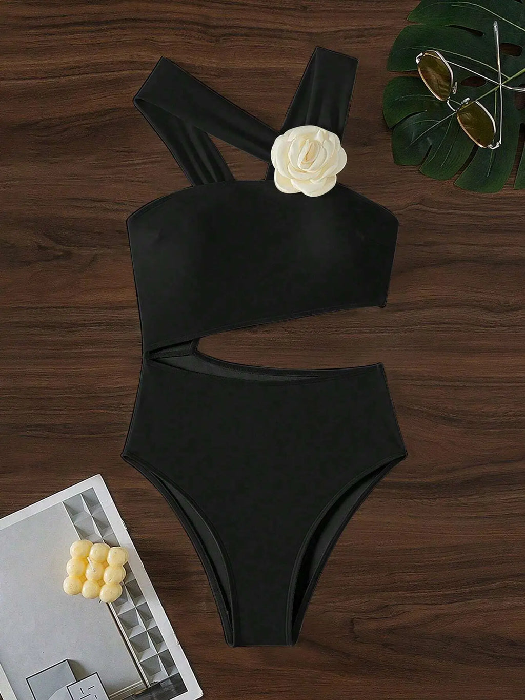sexy 3D flower skew collar swimsuit one piece bikini hollow waist thong swimwear bodysuits women biquini bathing suits tankini