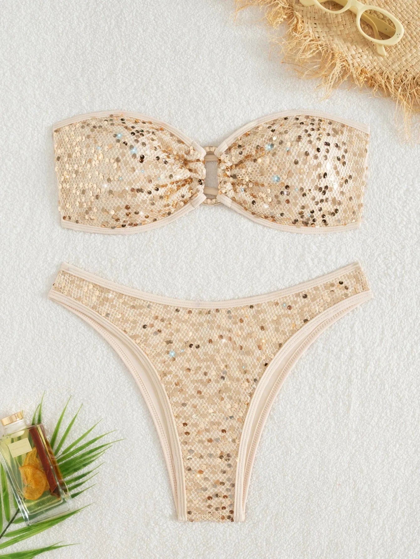 Glitter Sequins Fishnet Rings Bandeau Bikini Female Swimsuit Women Swimwear Two-pieces Bikini Set Brazilian Bathing Suit Swim