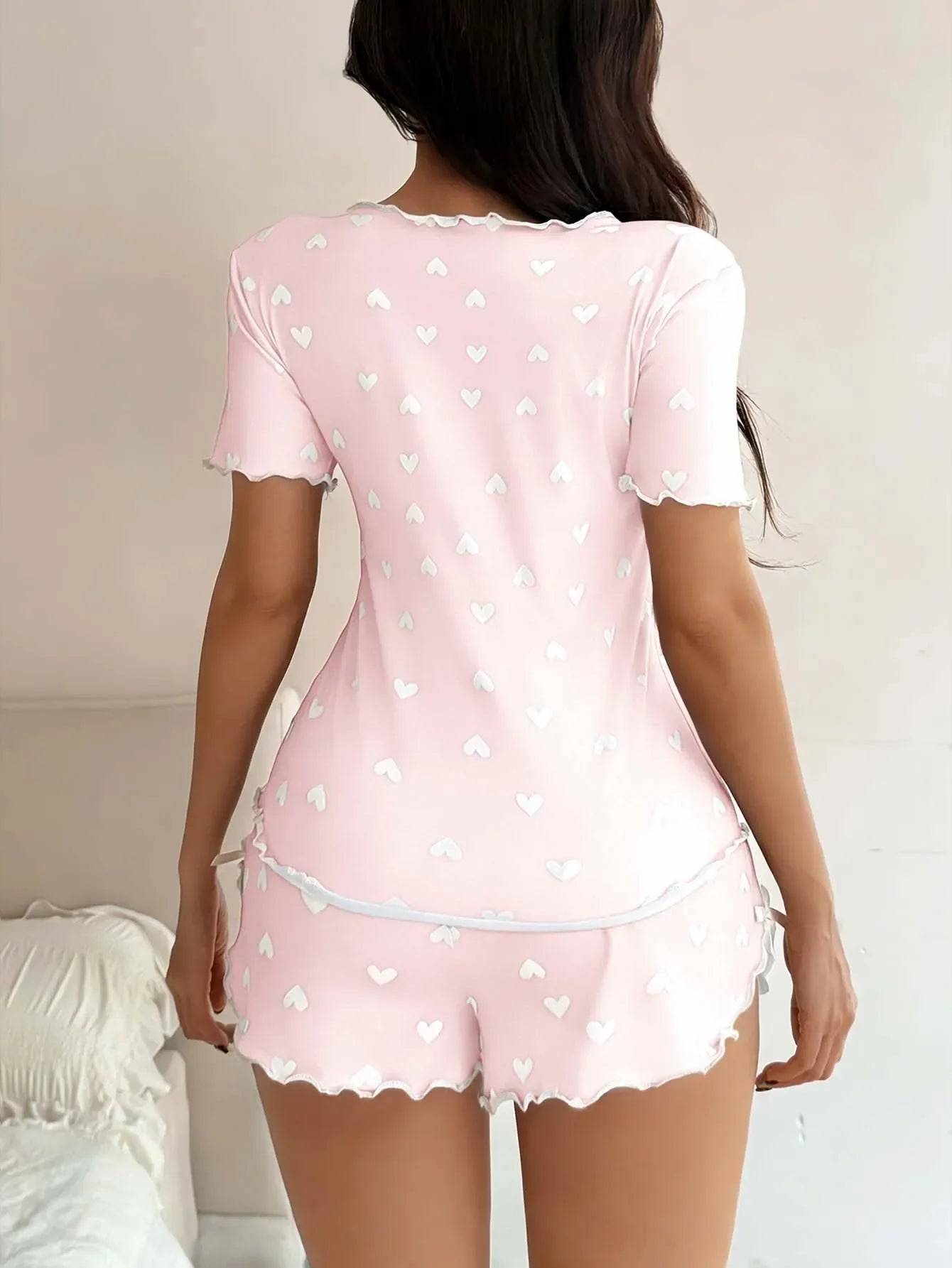 Women 2 Pieces Pajamas Set Heart Printed Short Sleeve T-shirts and Shorts Sets Casual Home Wear Loungewear Summer Sleepwear