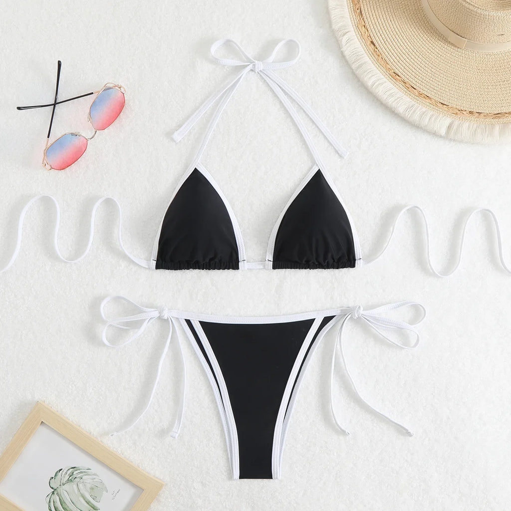 2026 Summer Women Patchwork Swimsuit Sexy Backless Neck Bikini Set Lace-up Bathing Suit Beachwear Femme Padded Swimwear Holiday