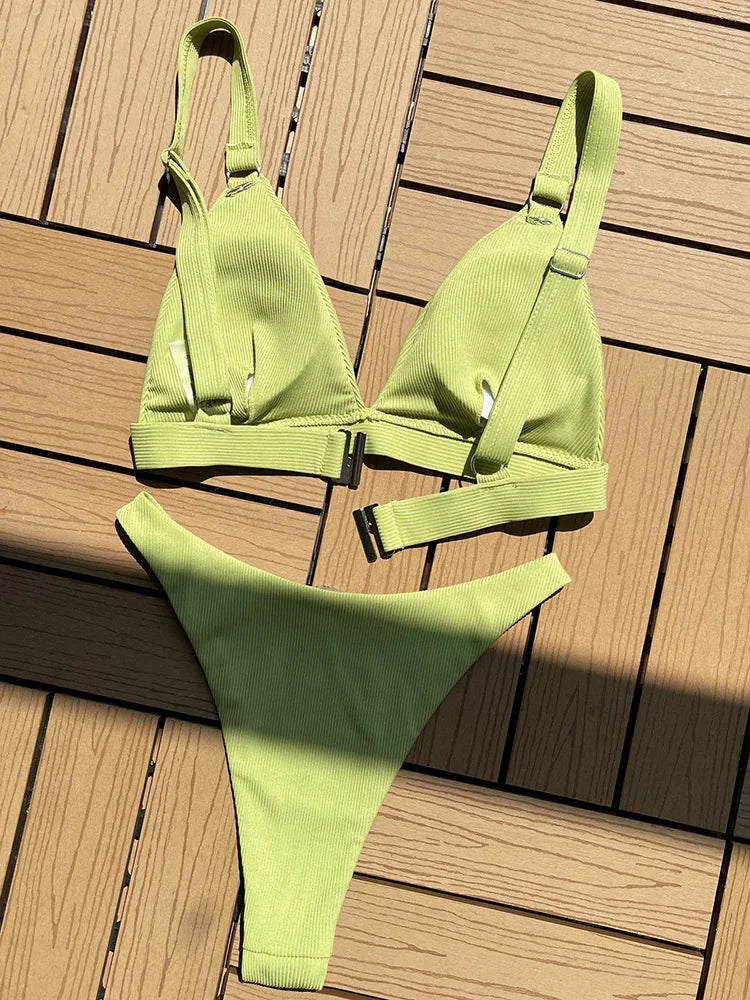 Ribbed Triangle High Cut Bikini Women Swimsuit Female Thong Swimwear Two Pieces Bikini Set Rings Bather Bathing Suit Swim Lady