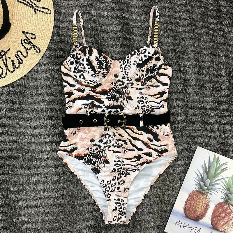 Ribbed Push up Underwired Metal Chain Women Swimwear One Piece Swimsuit Female Waist Belt Monokini Bather Bathing Suit Swim Lady