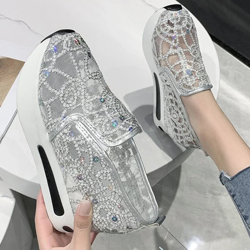 Spring Autumn Luxury Crystal Sneakers Women Breathable Mesh Sports Shoes for Woman Retro Low Top Platform Vulcanize Shoes Lady