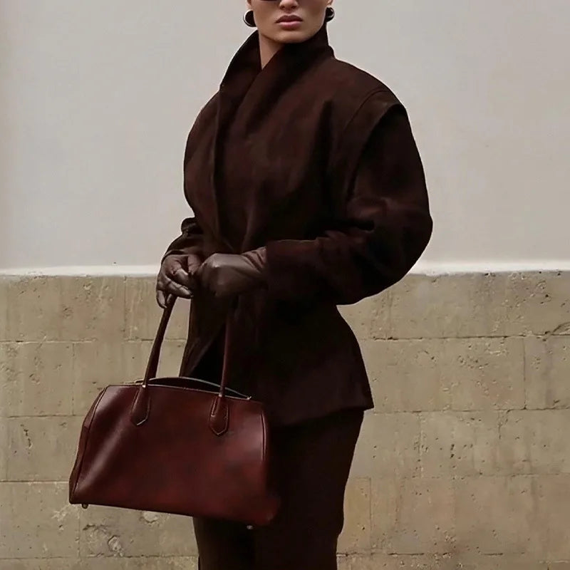 Phantasy Fashion Vintage Belt-Down Jacket Autumn Winter V-Neck Commuter Brown Suit Casual Style High-End Women's Clothing 2025