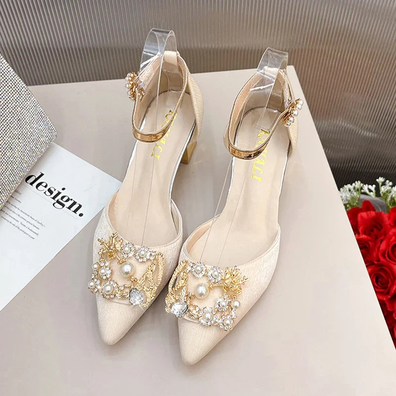 ZOKI Fashion Pearl Buckle Square Heels Pumps Women Pointed Toe Bling Crystal Party Shoes Woman Elegant Med Heels Bride Shoes