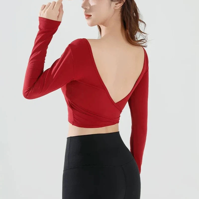 Women's Long Sleeve Yoga Top Cross Back Fitness Exercise Suit Fixed Chest Cushion Comfortable Sports Bra Top