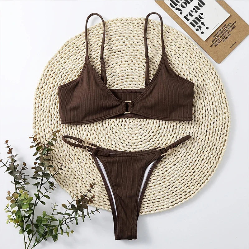 Sexy Ribbed Metal Rings High Cut Bikini Female Swimsuit Women Swimwear Two-pieces Bikini Set Micro Thong Bathing Suit Swim Lady