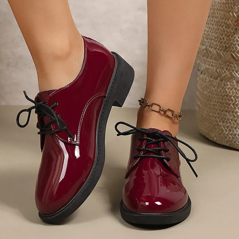Pink Patent Leather Oxford Shoes Women Fashion Lace Up Pointed Toe Med Heel Pumps Woman Plus Size 43 Thick Heels Office Shoes
