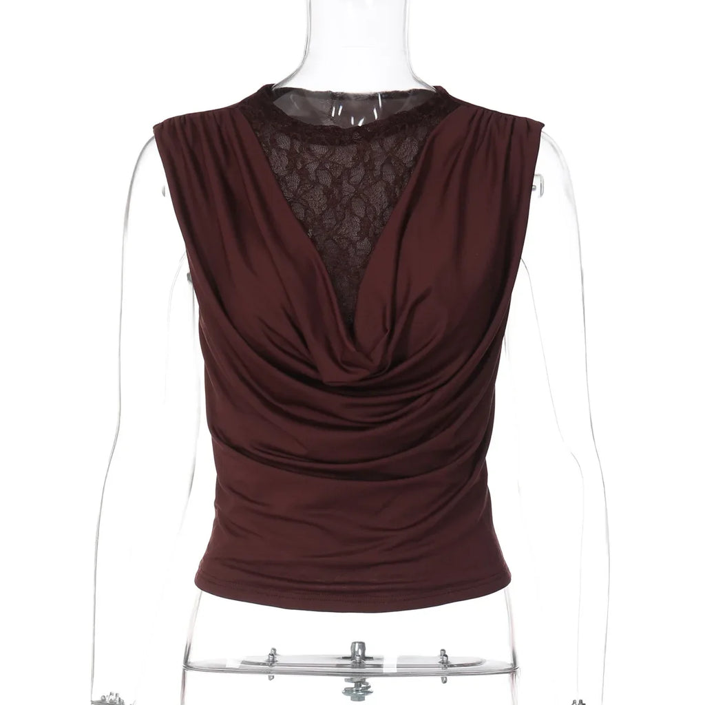 FDYOUI Elegant Lace Patchwork Tank Tops 2026 Summer See-through Sleeveless T-shirt Ladies Folds Slim Corset Crop Top High Street