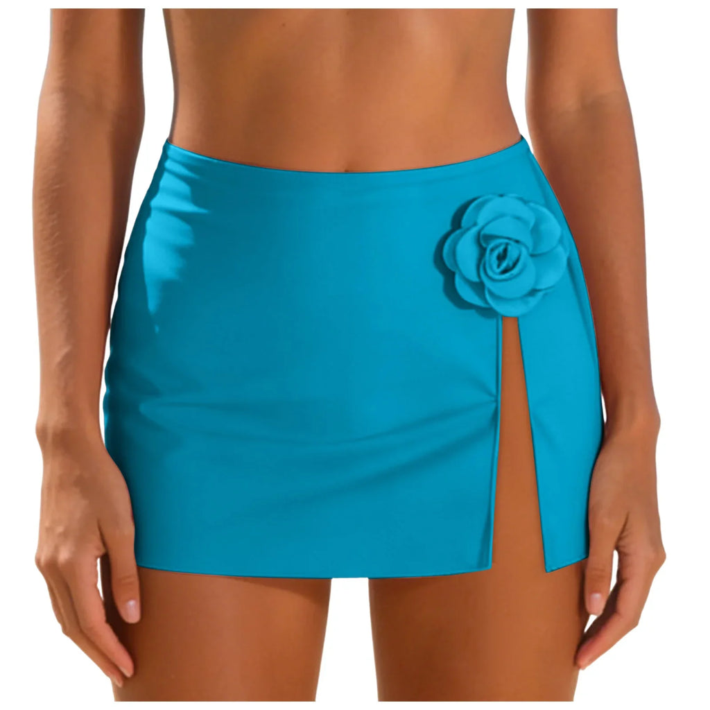 Women Black Swim Skirt 3D White Flower High Waist Side Slit Bikini Cover Up Skirts Beachwear Summer Vacation Beach Swimsuits