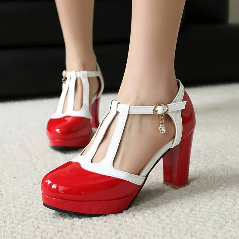 Spring Autumn New Style Fashion High-heeled Women's Shoes Color Block Round Head Shallow Mouth Buckle Square Heel Women's Shoes