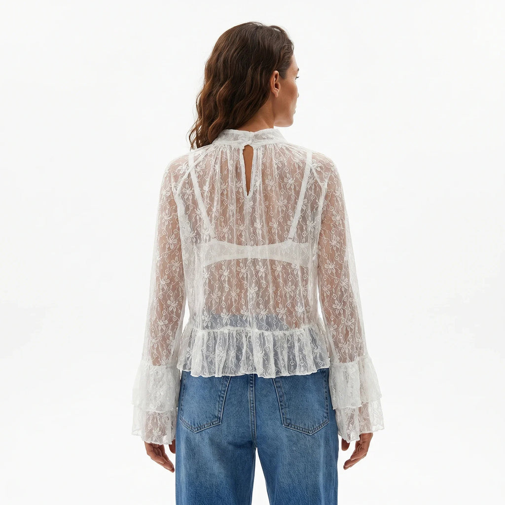 Womens Lace Floral Sheer Blouse Flare Long Sleeve Mock Neck Ruffle Peplum Hem Cropped Shirts Elegant Sexy Cover-ups Tops