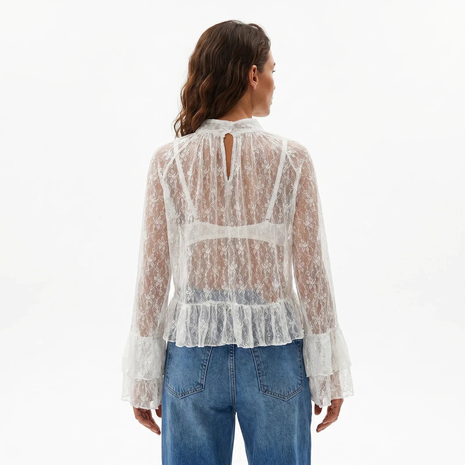 Womens Lace Floral Sheer Blouse Flare Long Sleeve Mock Neck Ruffle Peplum Hem Cropped Shirts Elegant Sexy Cover-ups Tops