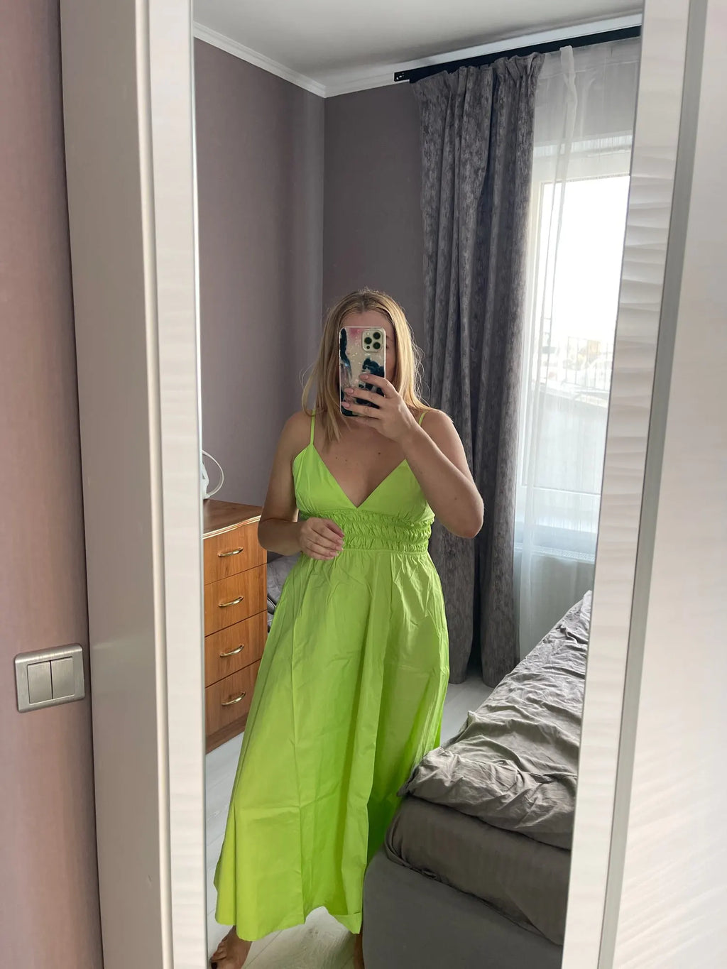 Foridol Elastic Smocking Green Cotton V Neck Summer Women's Dress Sleevless Long Green Maxi Casual Strapy Dress Solid Female
