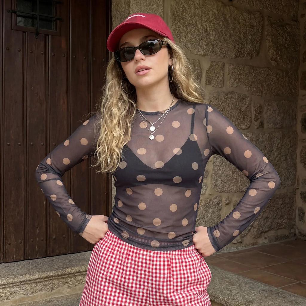 Women’s Spring Summer Crew Neck Mesh T-Shirts Long Sleeve Dots Print Slim Fit Transparent Classic Tops