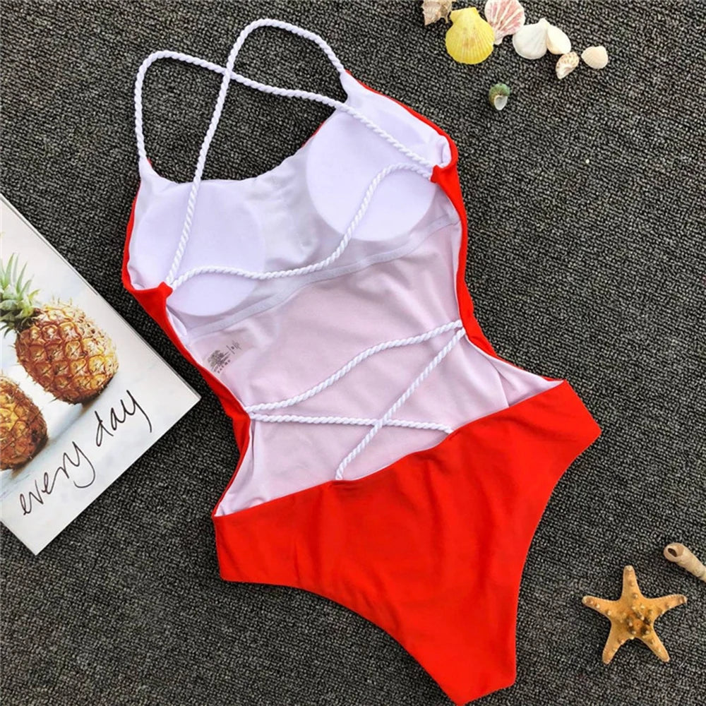 Criss Cross Backless Women Swimwear One Piece Swimsuit Female Monokini High Cut Leg Bather Bathing Suit Swim Beach Wear Lady